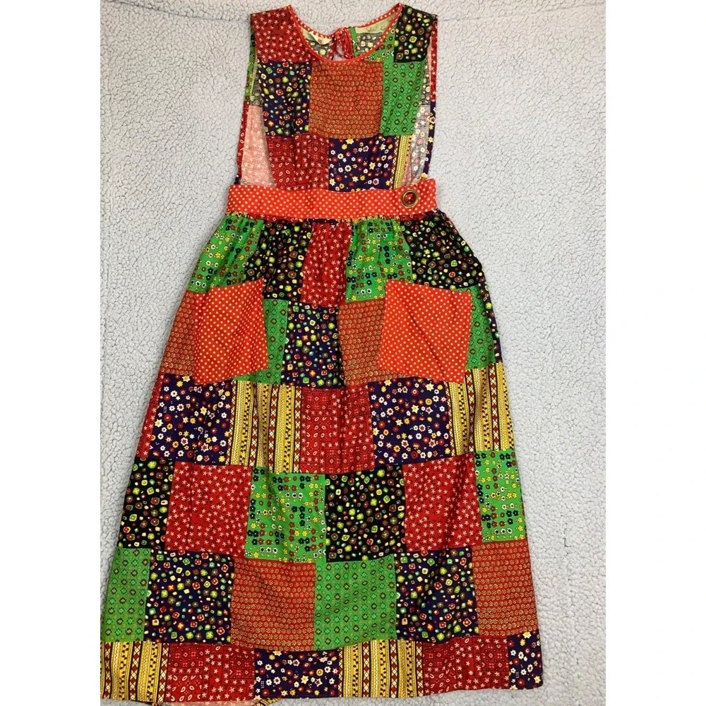 Vintage 70s Kenton Collection Patchwork Pinafore Apron Dress 100%‎ Cotton Japan